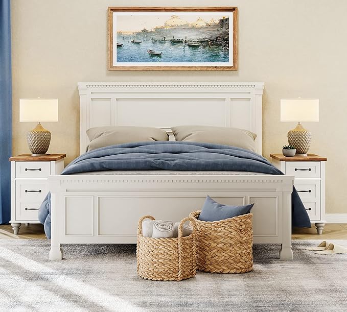 WAMPAT 2 Pack Off White End Table with Charging Station, Wood Side Sofa Table...