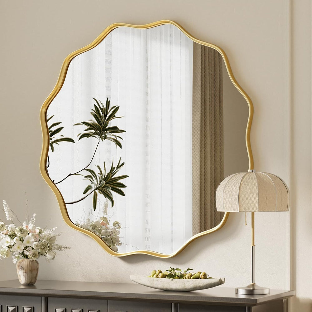 VooBang Gold Scalloped Circle Mirror, 30" Wavy Edge Round Wall Mirror