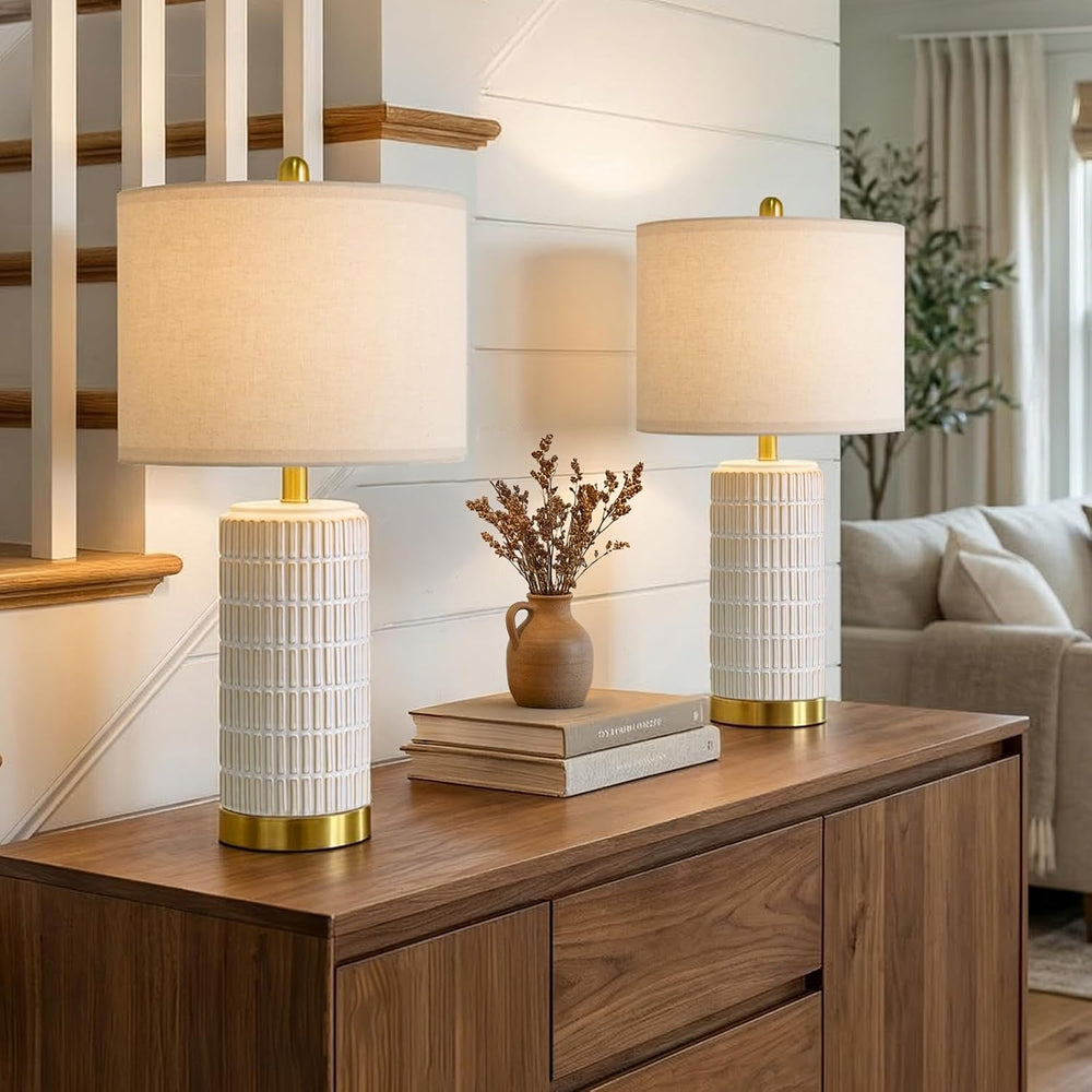 PoKat Ceramic Table Lamps Set of 2 for Bedroom Living Room, 21.5'' White