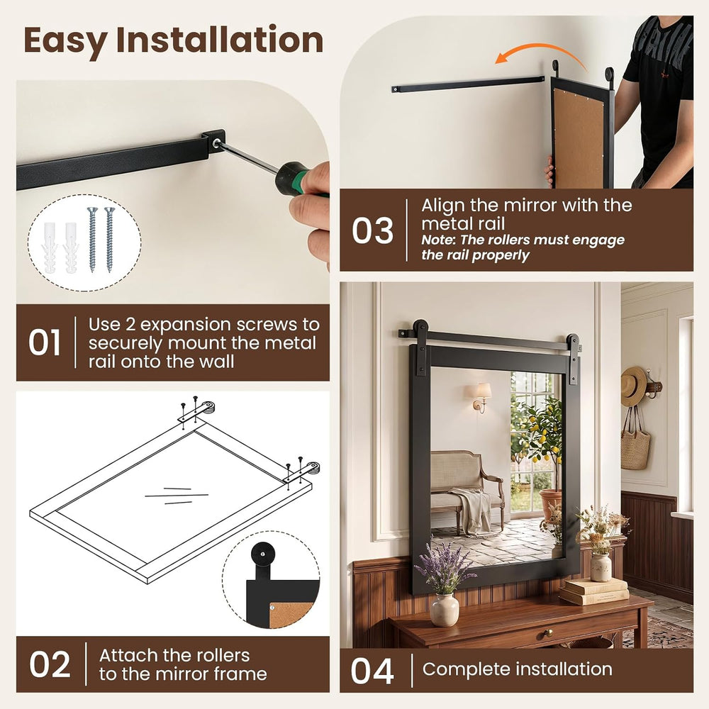 CHARMAID Farmhouse Barn Door Wall Mirror for Bathroom, 29"x23", Black