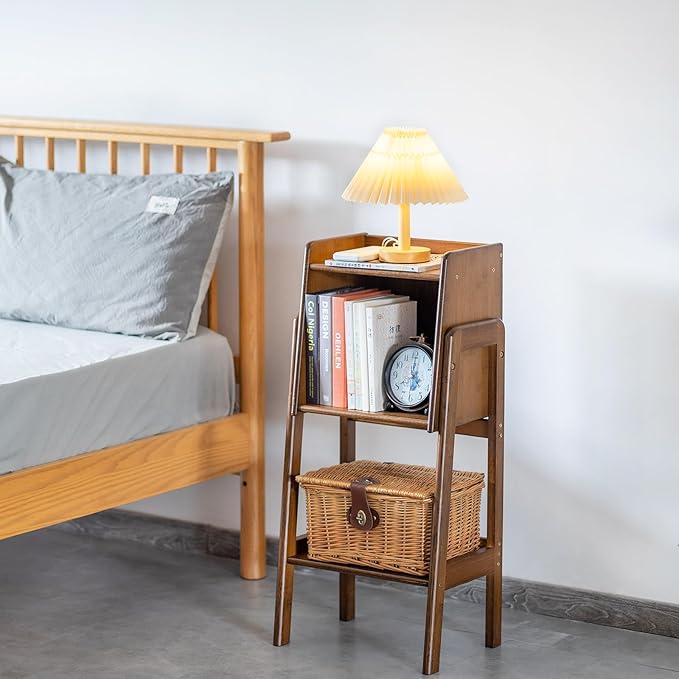 Welnow Bamboo Bookcase with Cabinet, Natural End Table with 1-Tier Storage Sh...