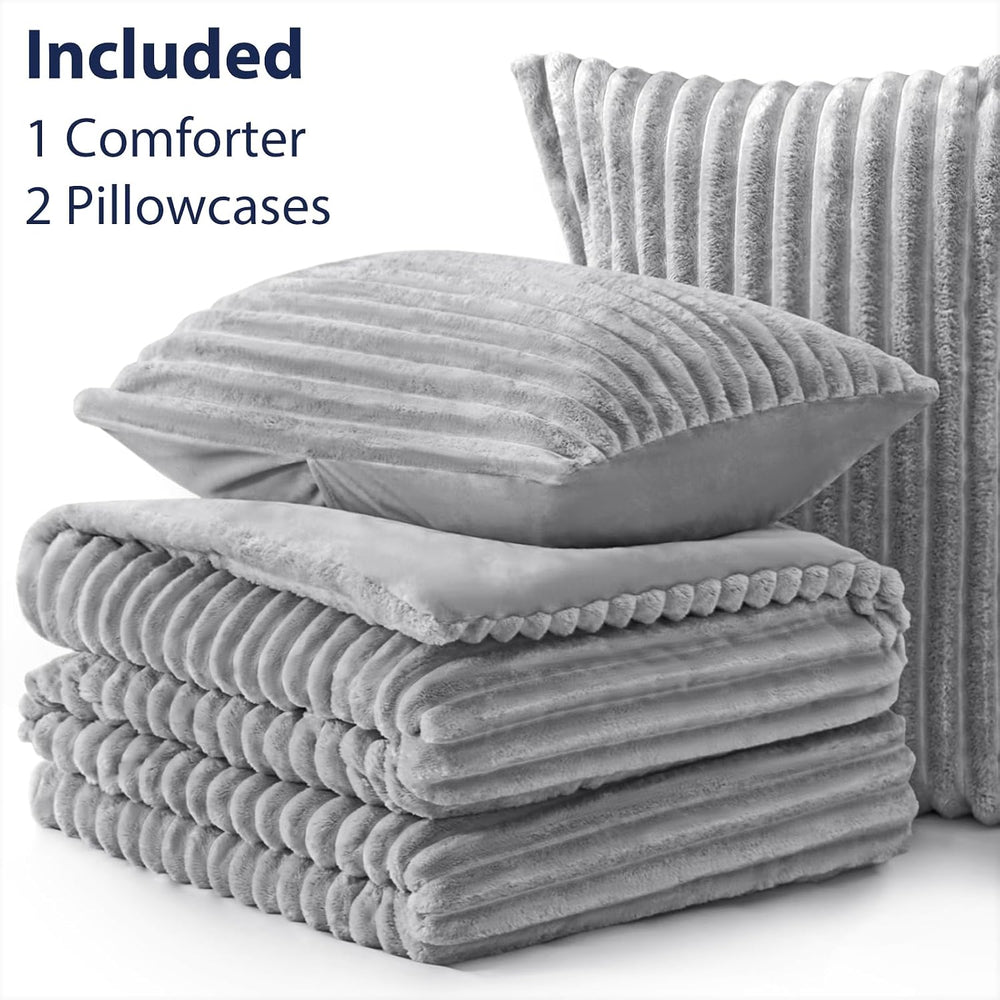 EXQ Home Fluffy Comforter Set Queen Size,3 Pieces Bed Set,Light Gray