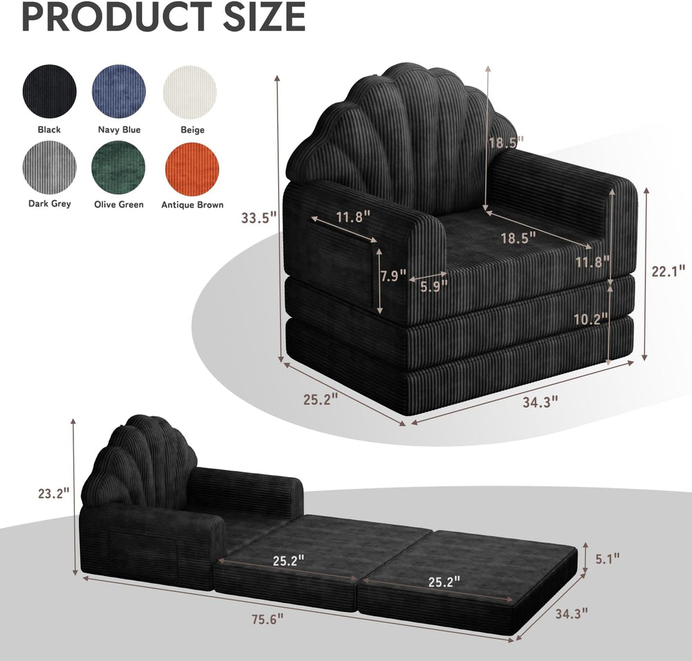 Folding Sofa Bed, 2-in-1 Convertible Futon Sleeper Chair, Black