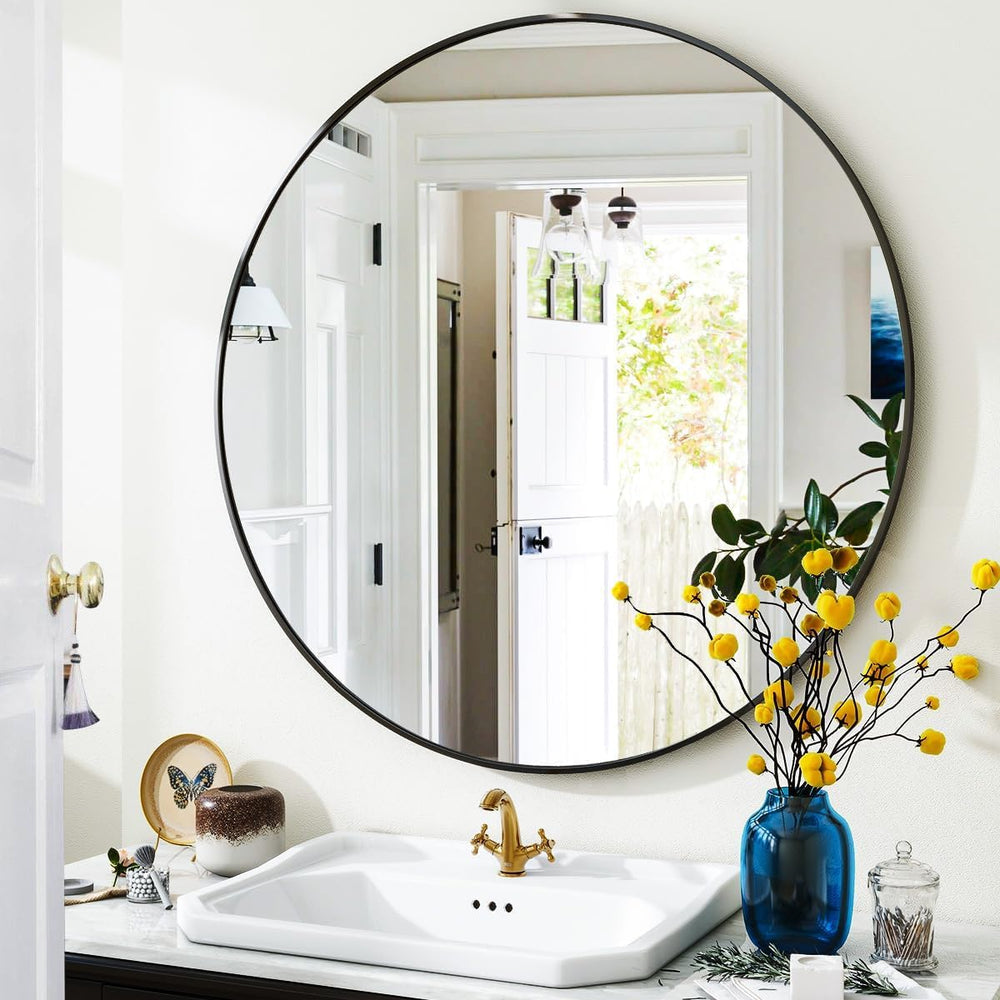 VooBang Black Round Bathroom Mirror 30", Thin Metal Frame Wall Mirror