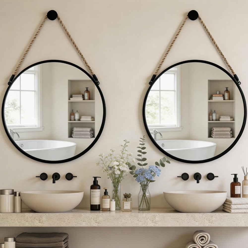 POZINO 15" Small Round Hanging Mirror, Circle Wall Mirror with Jute Rope