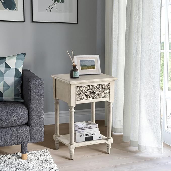 COSIEST Vintage Nightstand, MDF 2-Tier Bedside Table, Wood Accent End Table w...