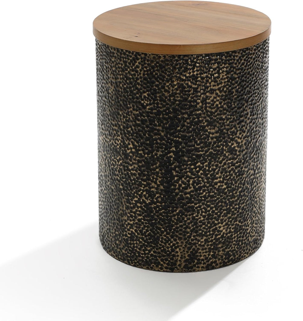 LuxenHome Round Side Table, 20" Black and Gold Metal Base with Wood Top,...