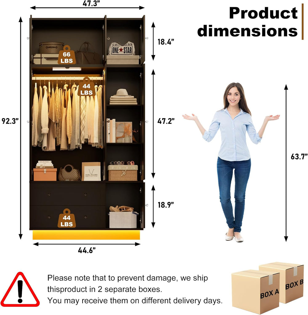 92.2" Tall Armoire Wardrobe Closet with Mirror & Motion Sensor Light...