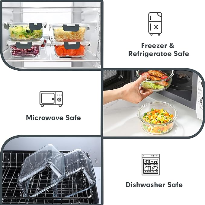 VERONES 30 Pieces Glass Meal Prep Containers Set, Stackable Glass Food Storage