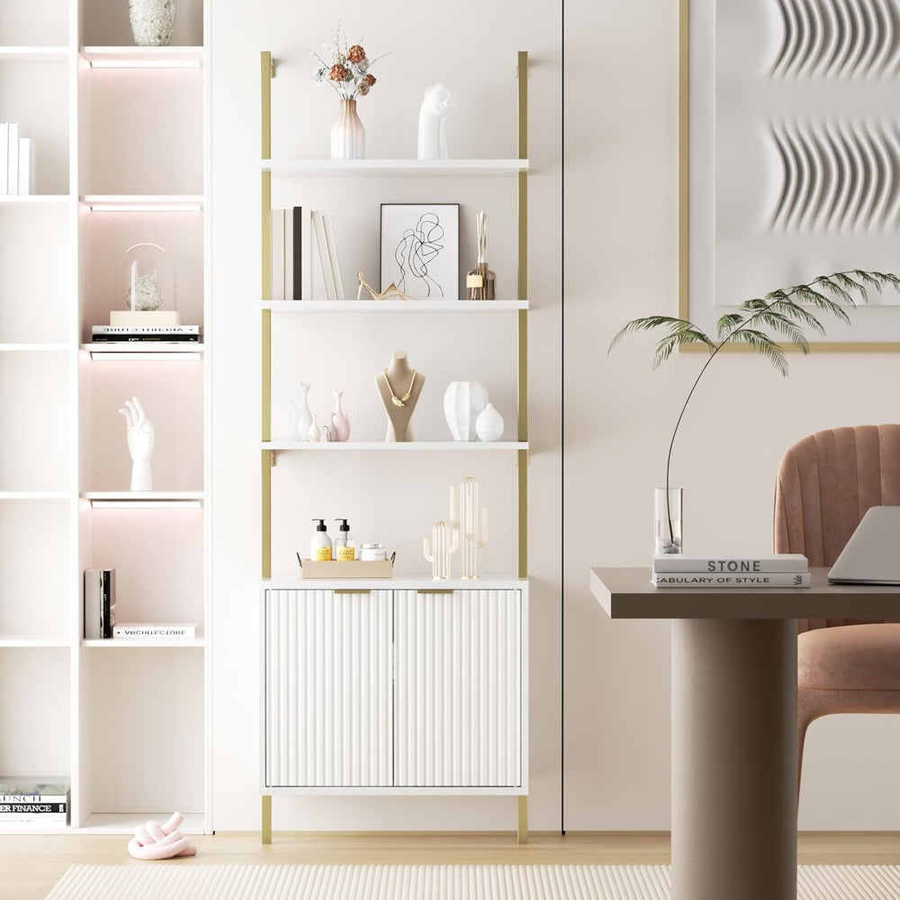 Halitaa 71”Ladder Shelf with Storage Cabinet, Wall Mounted Ladder Bookshelf |...