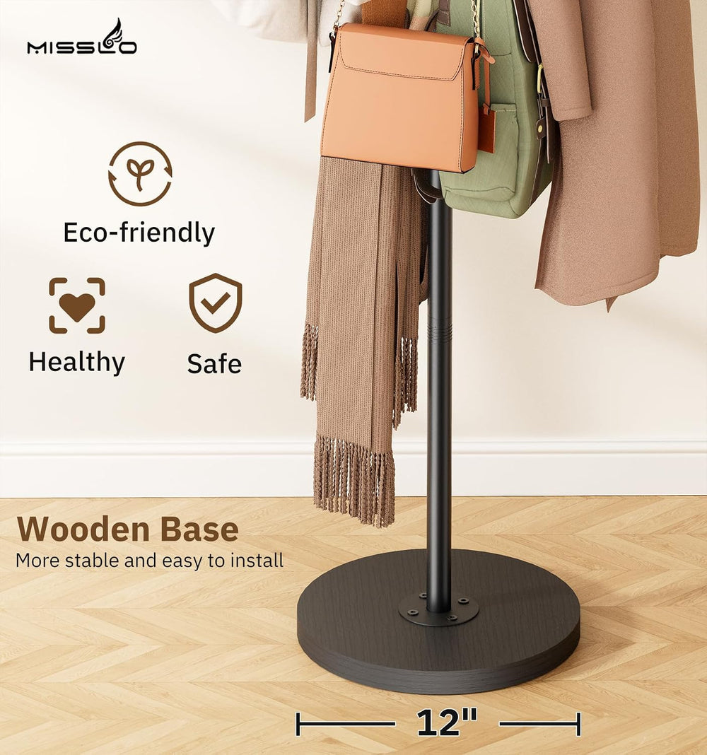 MISSLO Heavy Duty Coat Rack Freestanding with Stable Wood Base Metal Coat Tre...
