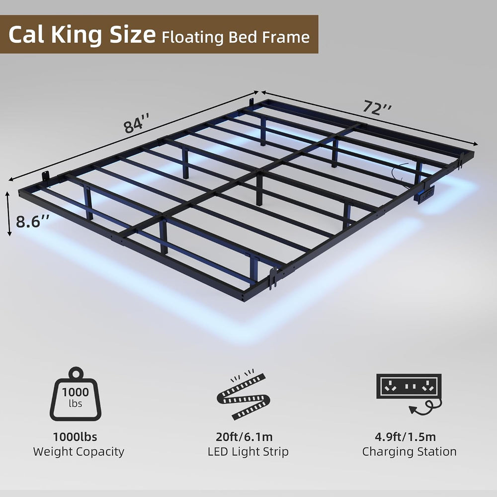 California king floating bed frame with Charging Station & Smart LED Lights