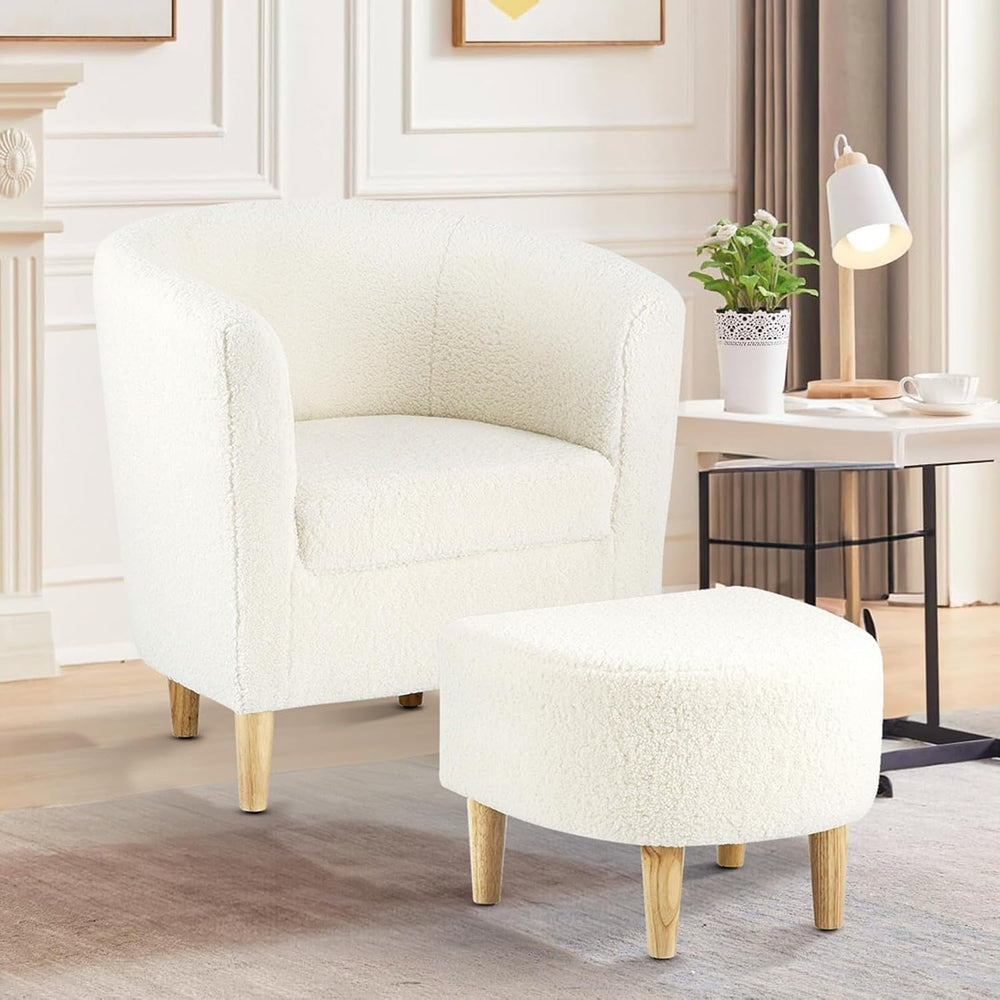 DAZONE Sherpa Accent Chair with Ottoman White Fluffy Teddy Barrel Armchair