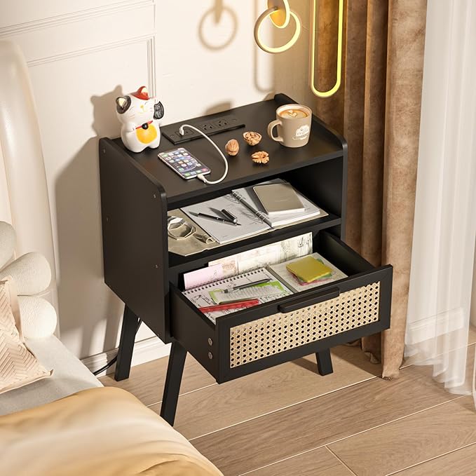 Lerliuo Rattan Nightstands Set of 2 with Charging Station, Black Bedside Tabl...
