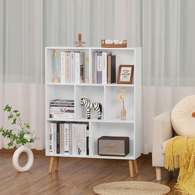 YAHARBO White Bookshelf,3 Tier Book Shelf with Legs, 7 Cube Minimalist Bookca...