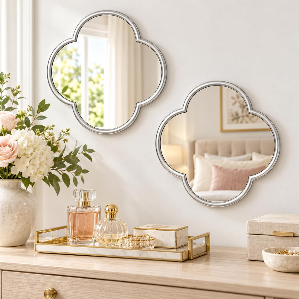 Glass Clover Mirror Set of 2, Non-Distortion Wall Decor Mirrors with Metal Ed...
