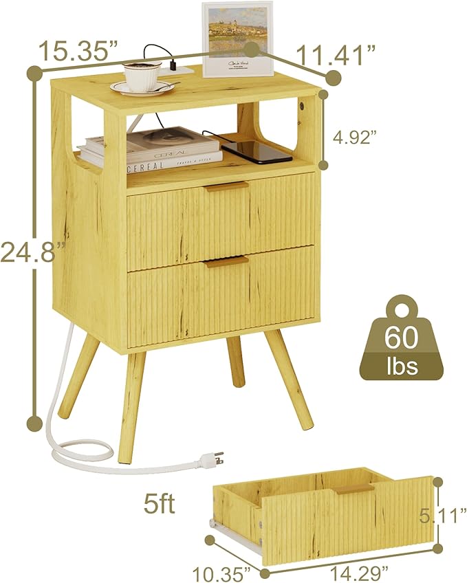 Nightstand with Charging Station and LED Lights,Modern Bedside Table with 2 S...