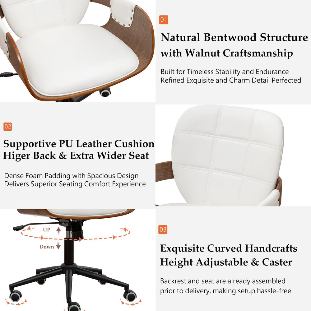 Mid Century Modern Executive Office Chair, Faux Leather Desk Chair, Walnut