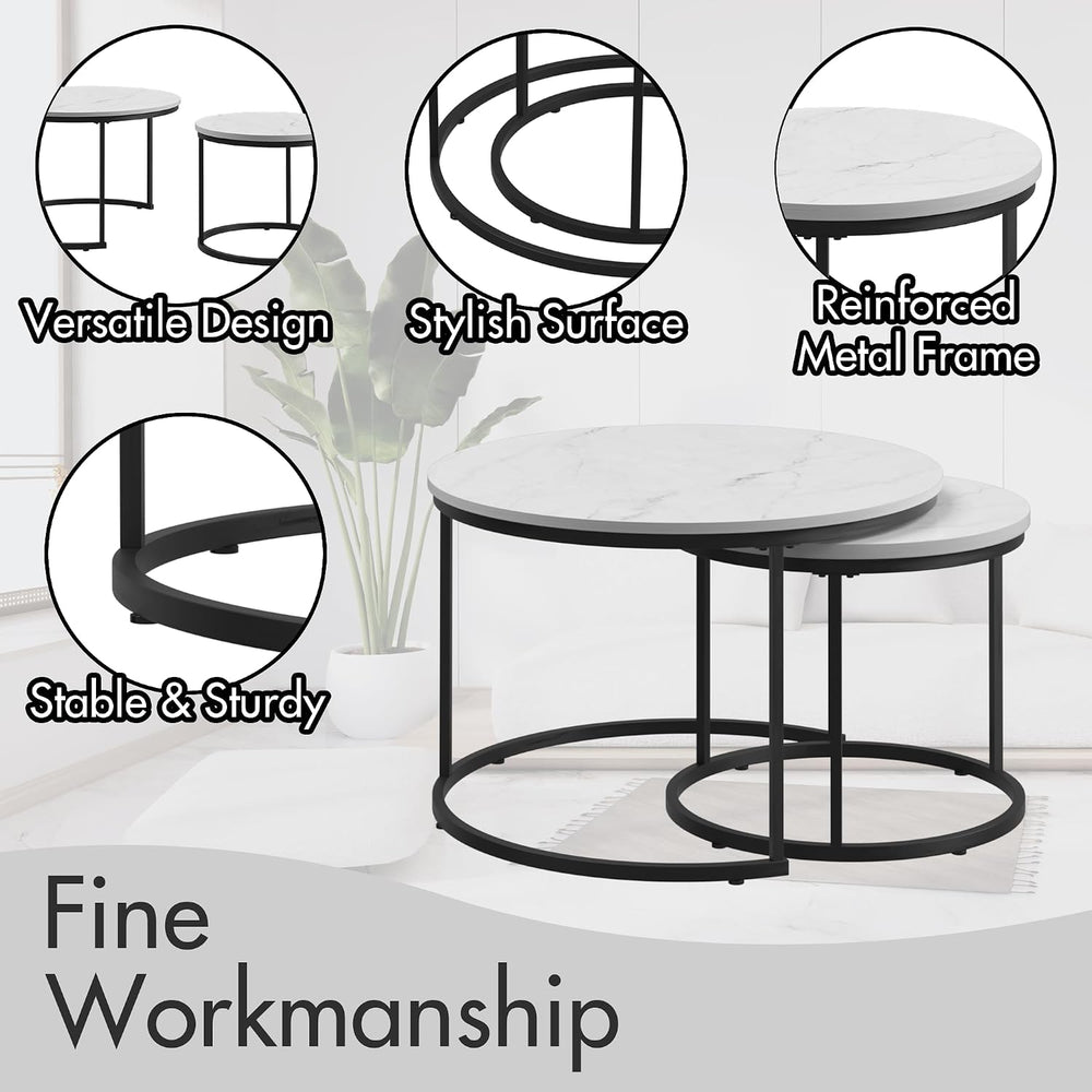 Small Round Nesting Coffee Table Set of 2 for Living Room, Modern Wood Marble...