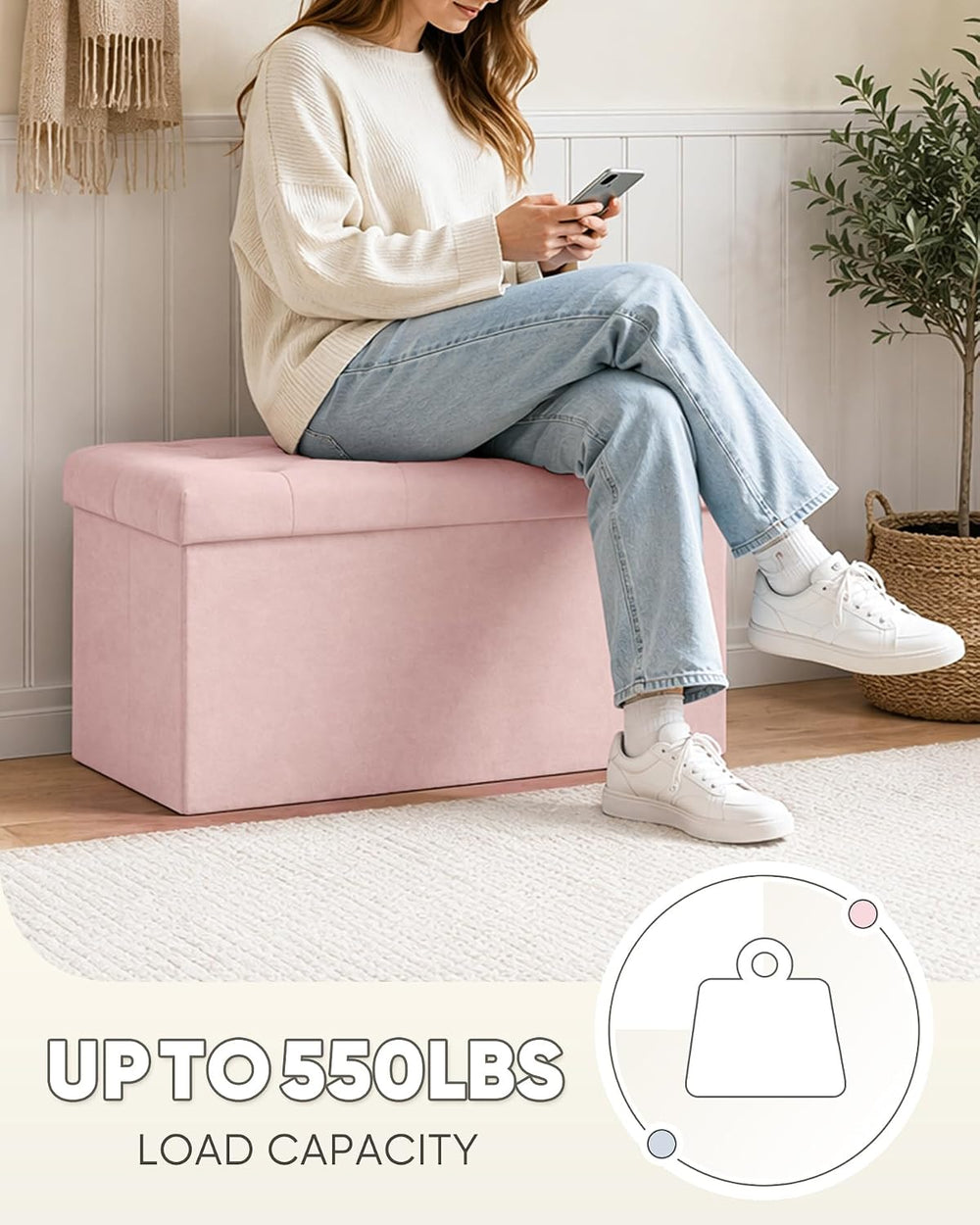 B FSOBEIIALEO Folding Storage Ottoman, Long Ottomans Shoes Bench, Velvet Stor...