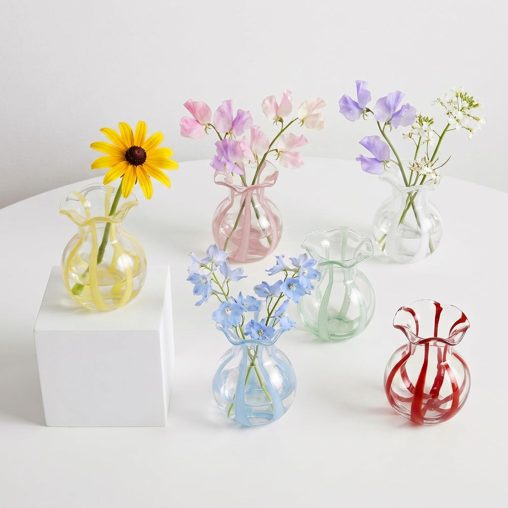 6-Piece 4.5" Ruffled Ribbon Small Vases for Flowers Hand-Blown Glass Vases