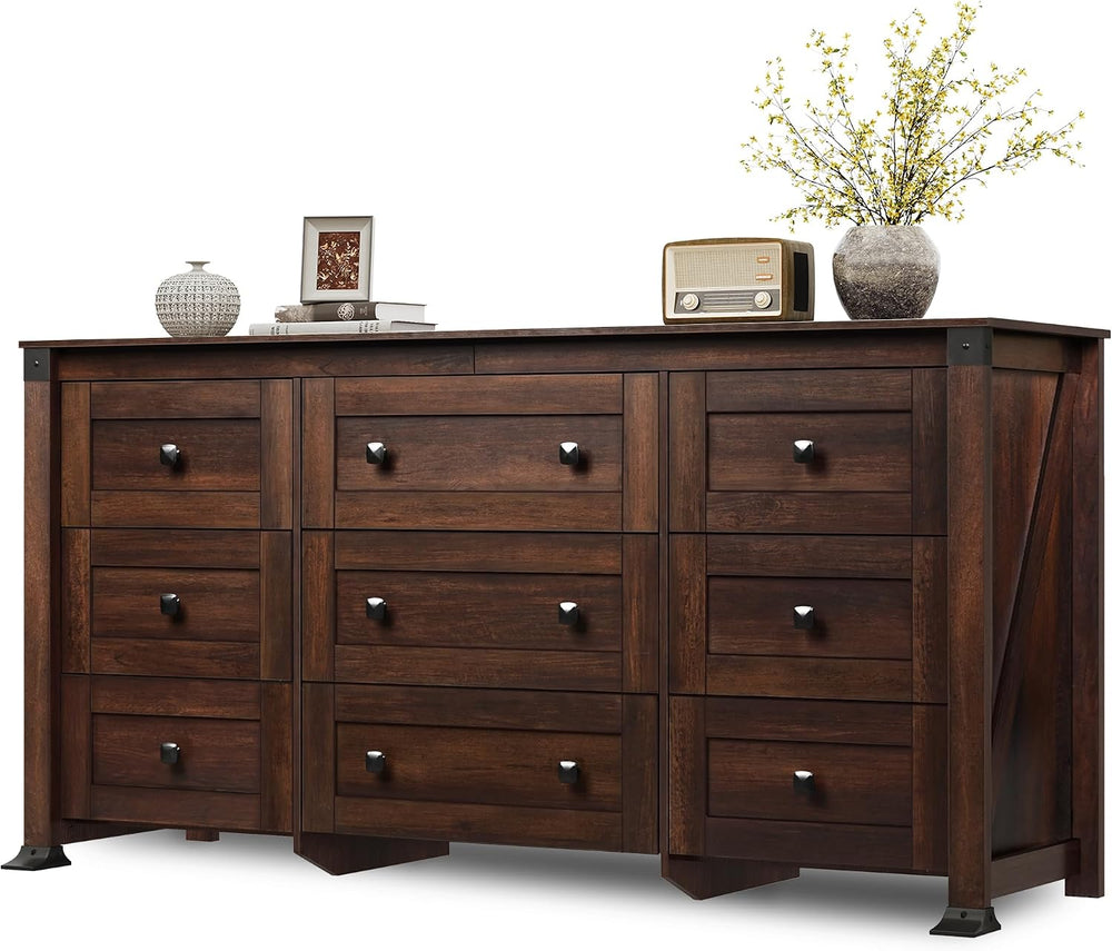 WLIVE Brown Dresser for Bedroom, 9 Drawer Wooden Chest of Drawers with SGS-Te...