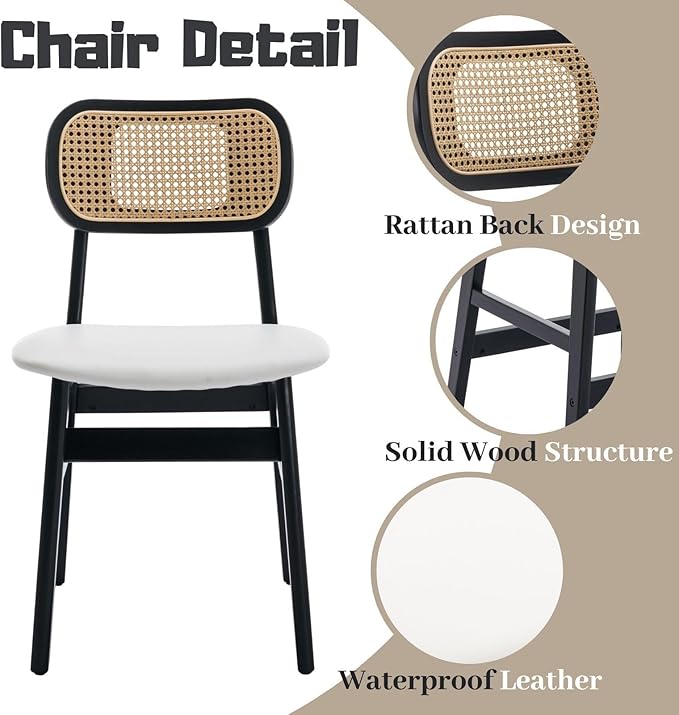 Rattan Dining Chairs Set of 4 Black Wooden Dining Room Chairs White Faux Leat...