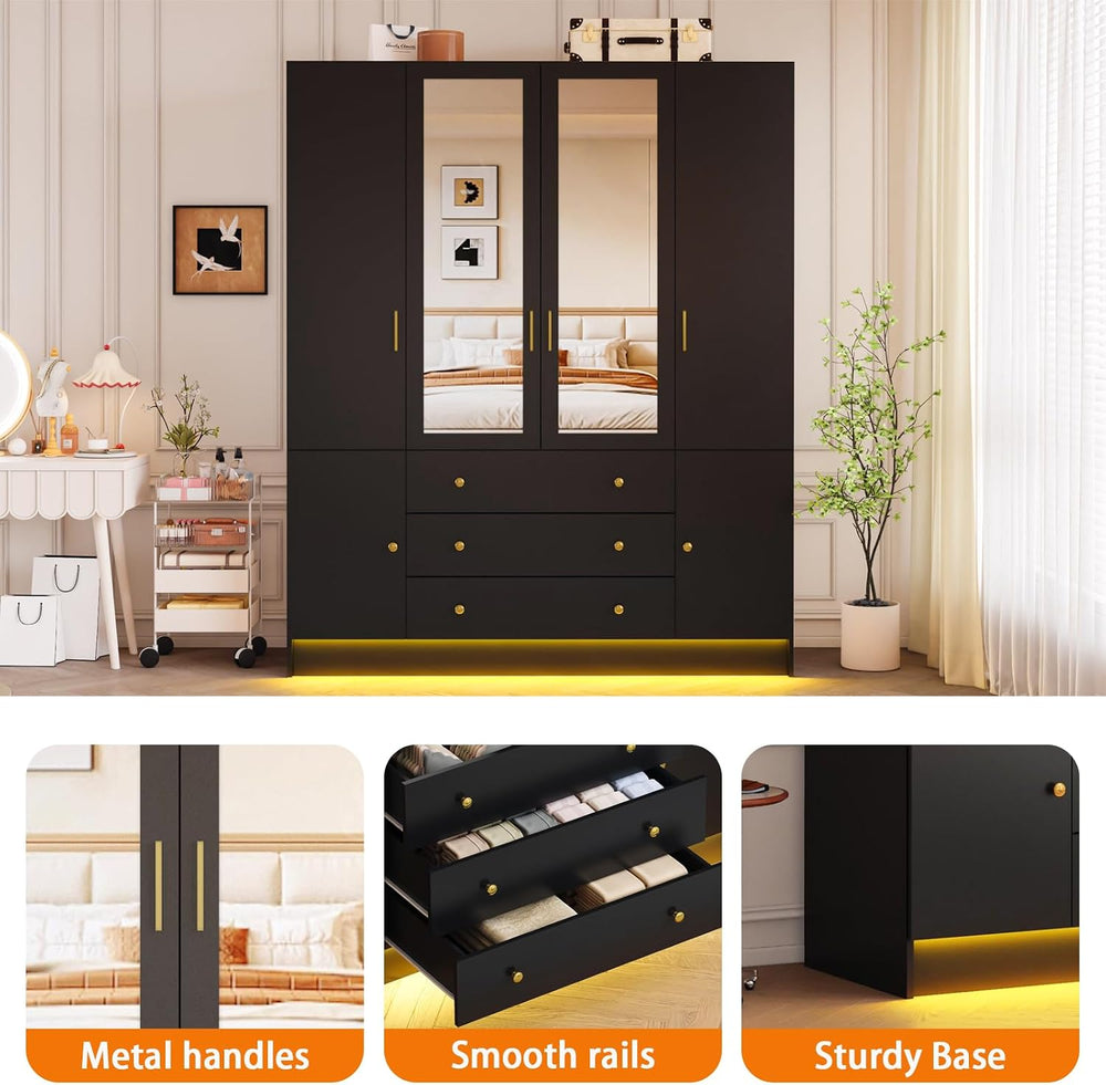 75” Tall Wardrobe Closet with 4 Doors & 3 Drawers, Modern Armoire with Mi...