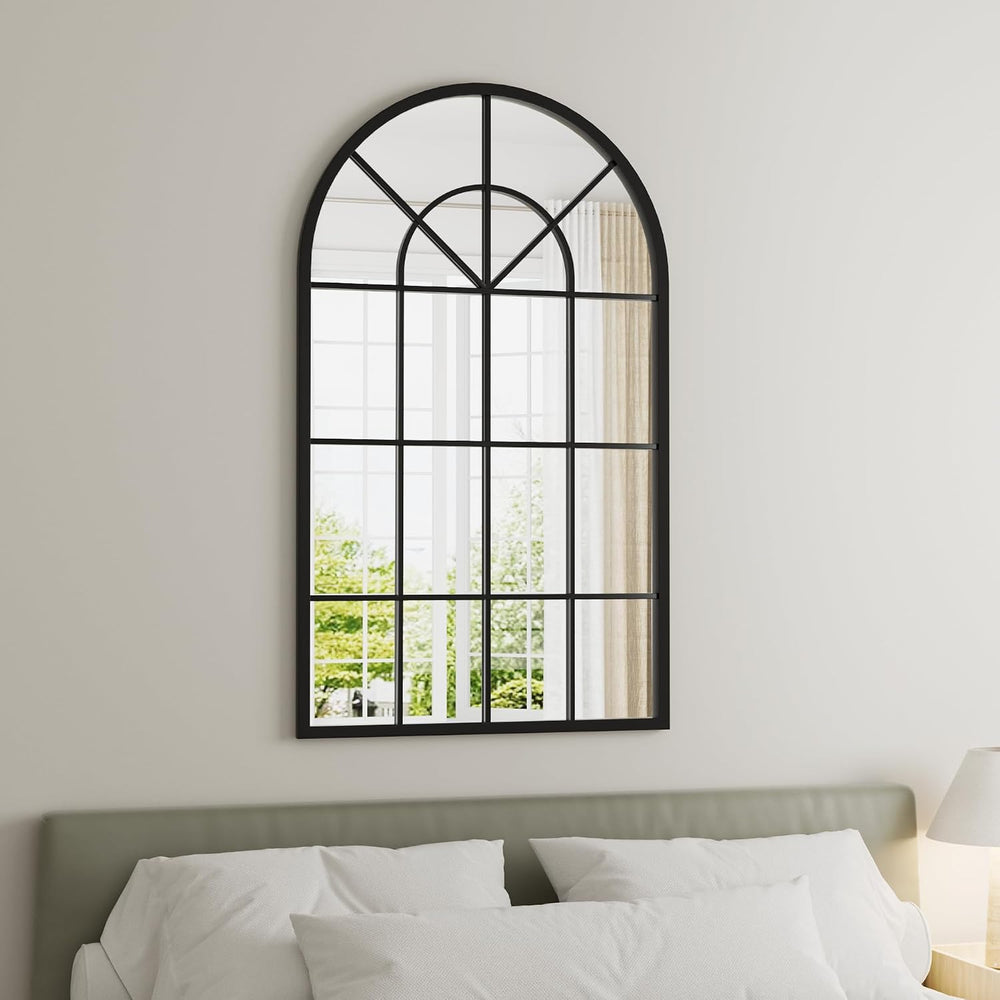 Dewfig Arched Wall Mirror, 42"x24" Metal Frame Windowpane Mirror, B...