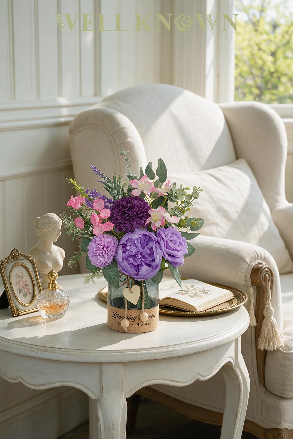 Artificial Purple Flower Arrangement in Glass Vase with Heart Tag