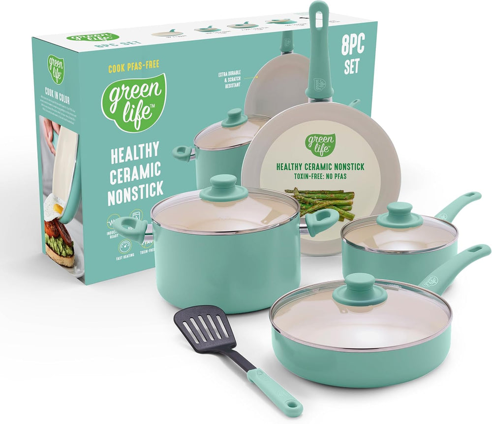 GreenLife 8 Piece Nonstick Cookware Set, Non-Toxic PFAS-Free Ceramic Pots &am...
