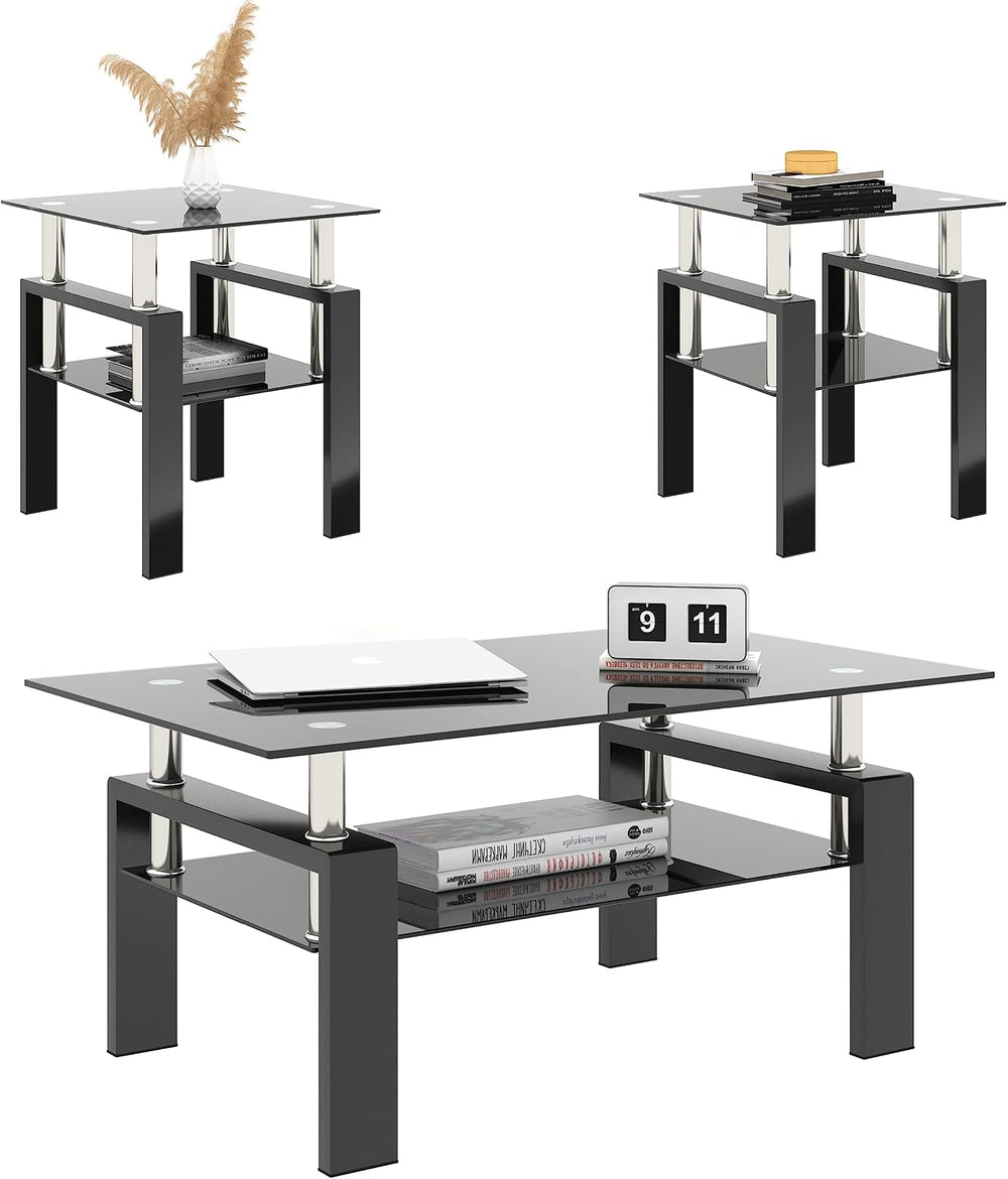 Living Room Tables Set,3 Piece Glass Coffee Table and End Tables Set with Tem...