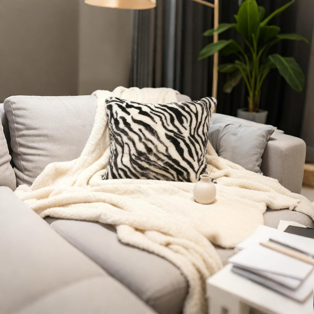Black White Square Pillow Cover Soft Fluffy Fuzzy Faux Fur Zebra Stripe Throw...
