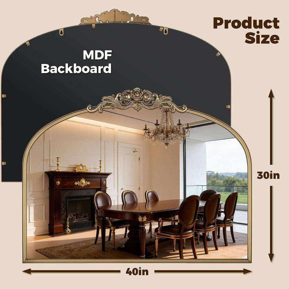 40"x30" Vintage Gold Mirror,Large Arched Baroque Wall Mirror