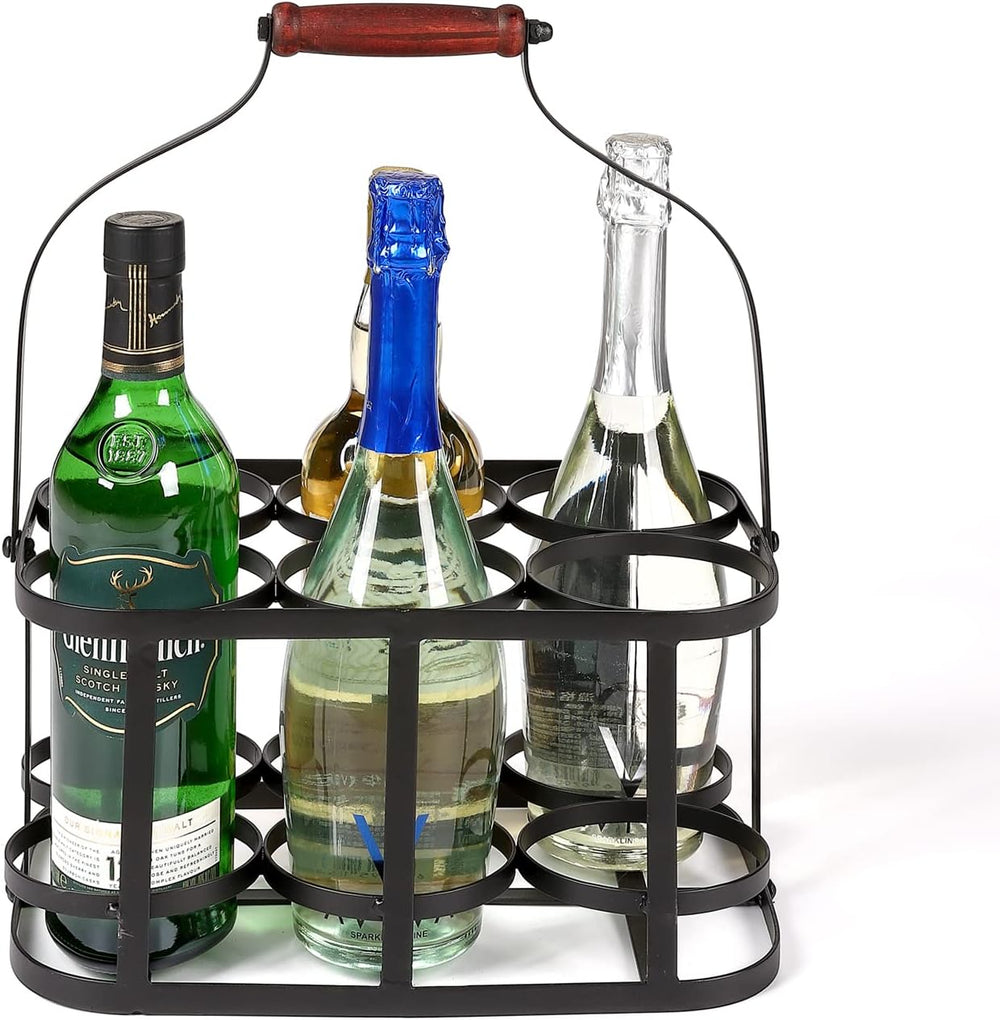Metal Wine Bottle Carrier 6 Bottle Wine Carrier with Wood Handle (Black) | Fa...