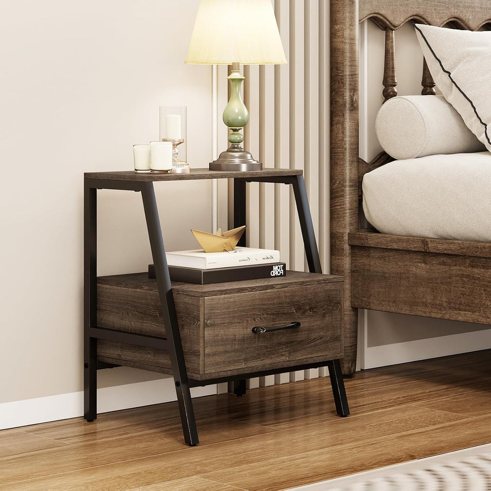 Giantex Farmhouse Nightstand with Drawer and Open Shelf, 2-Tier Bedside Table...