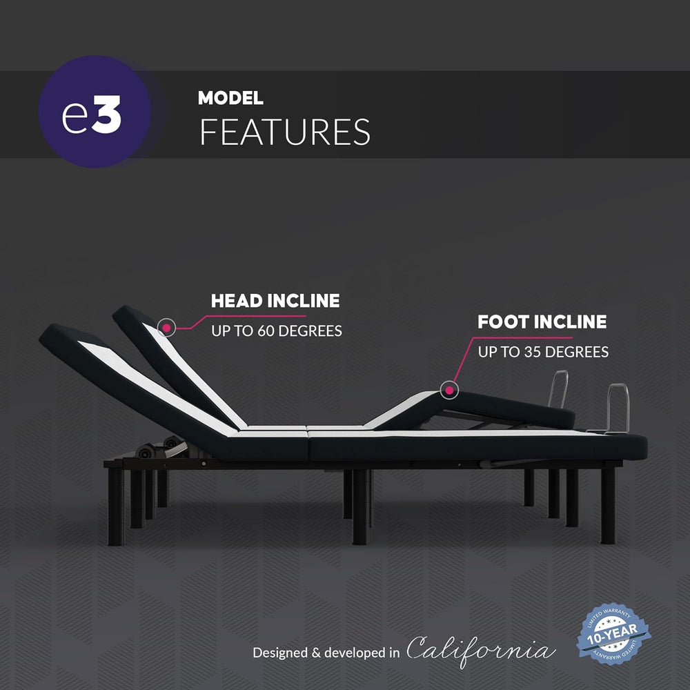 Blissful Nights King e3 Adjustable Bed Base Frame with Head and Foot Incline,...