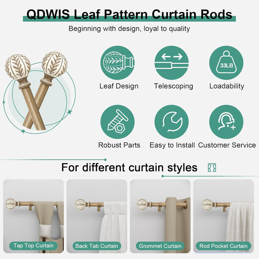 QDWIS 2 Pack Boho Wood Curtain Rods for Windows 28 to 48 inch,1" Adjusta...