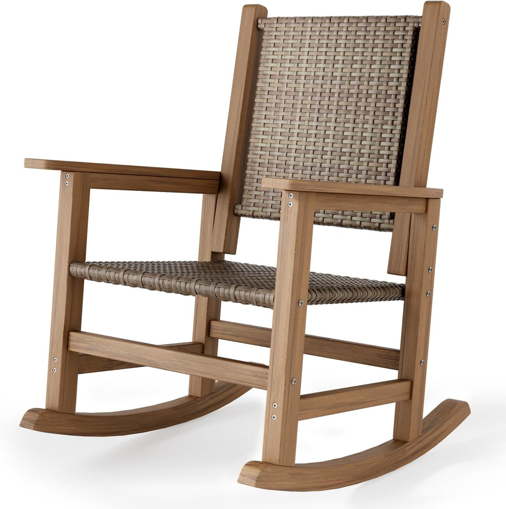 HDPE Outdoor Rocking Chair, All-Weather Wicker Porch Rocker, Brown