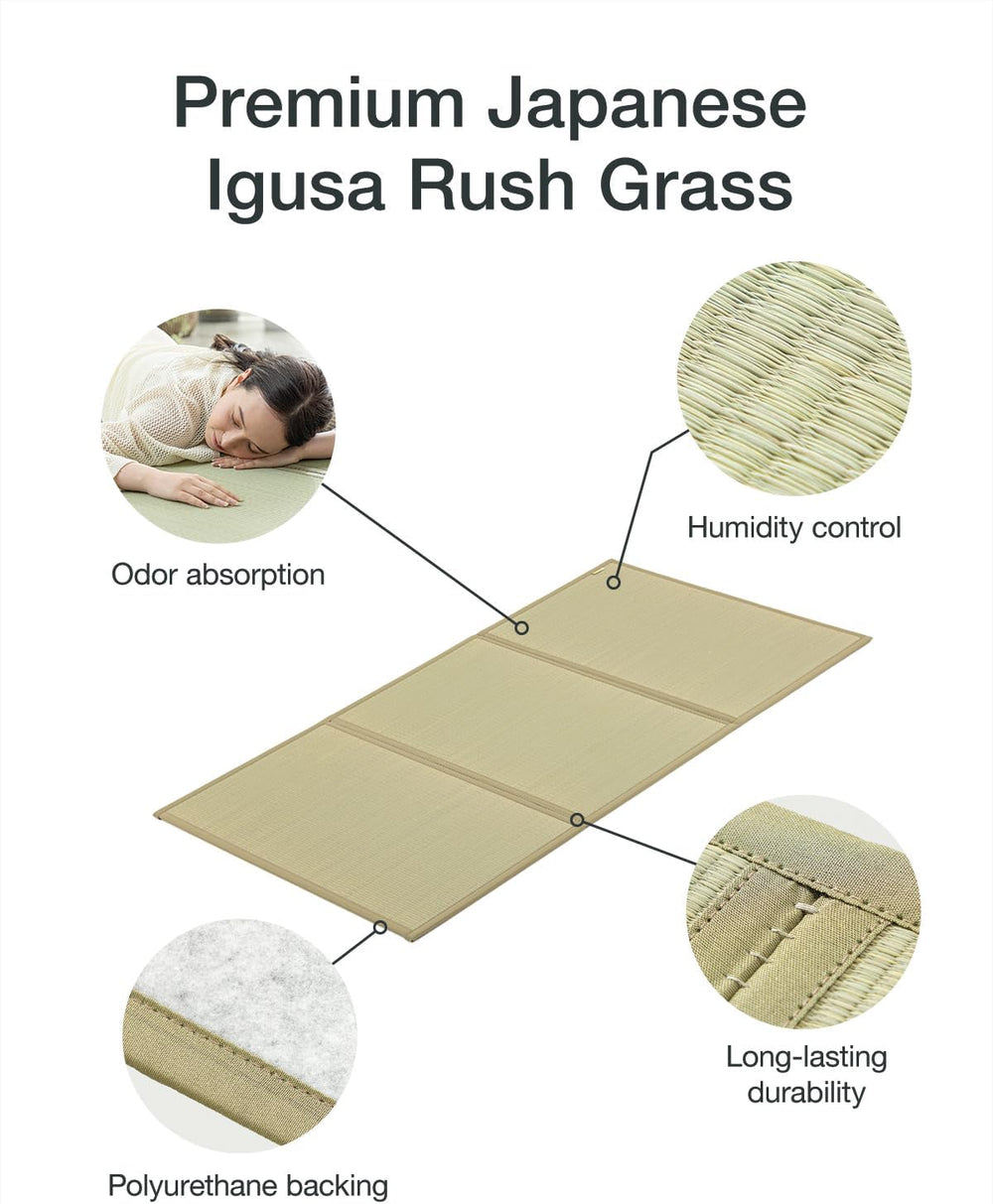 FULI Japanese Tatami Mattress, Foldable Igusa Rush Grass, Natural, Queen