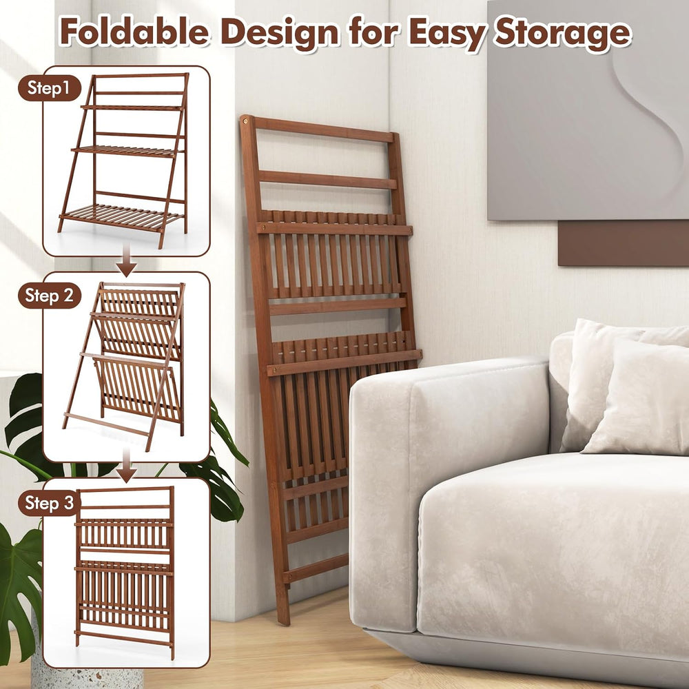 COSTWAY Bamboo Plant Stand, Foldable Multifunctional Flower Display Ladder Sh...