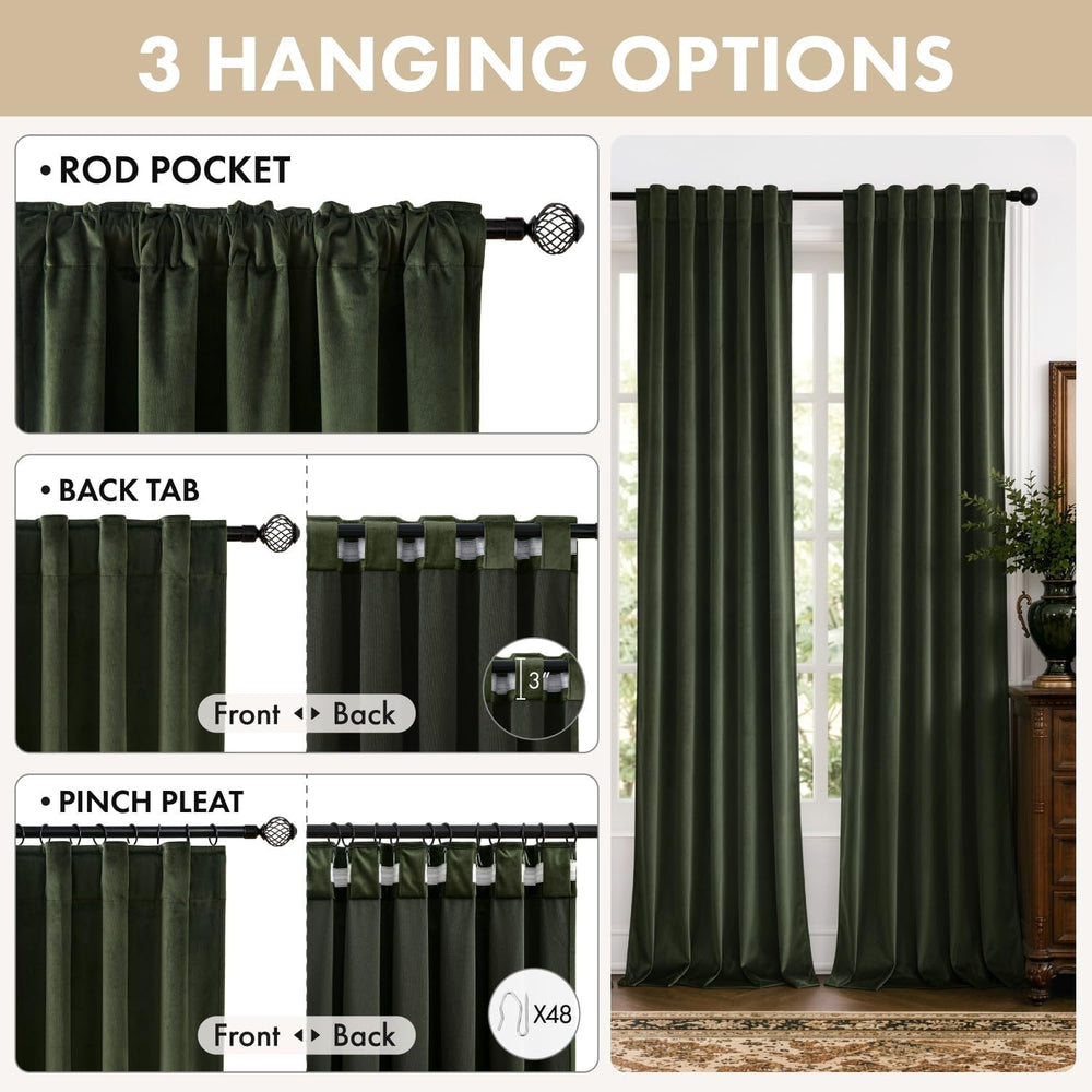 MIULEE Olive Green Velvet Curtains 4 Panels Set Back Tab 40x96 Inch Long
