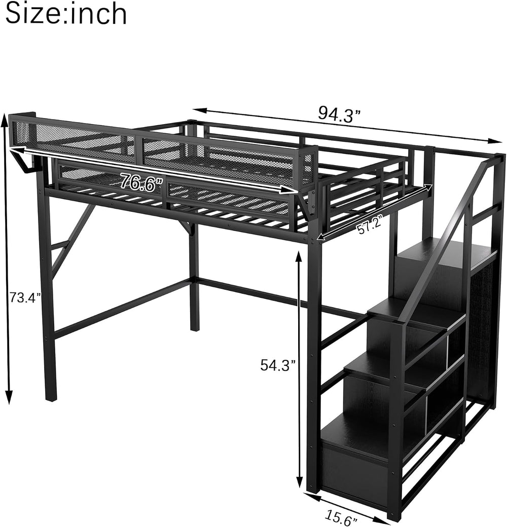 KEIKI Full Size Metal Loft Bed Frame with Convertible Staircase, Built-in Sto...