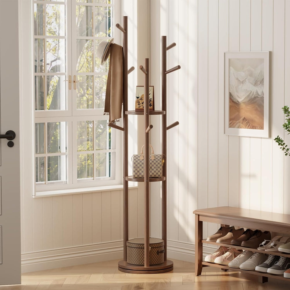 Muwuele Solid Wood Rotary Coat Rack, Freestanding Coat Rack with 3 Shelves an...