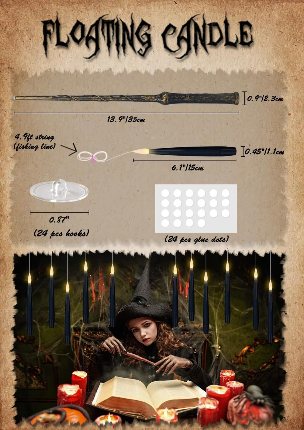 GenSwin Flameless Floating Candles Wand Halloween Decorations Black 22pcs