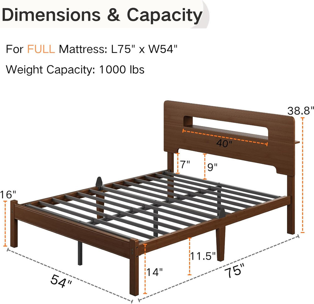 14" Bamboo Wood Full Size Bed Frame with Storage Headboard