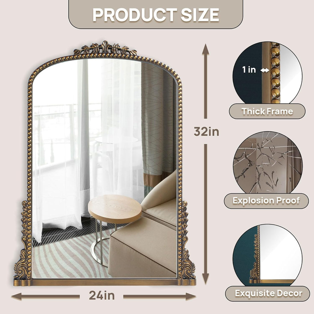 24"x32" Vintage Gold Mirror, Baroque Arched Wall Mirror