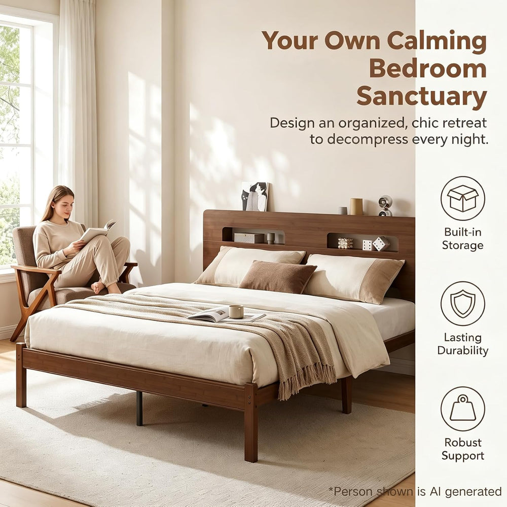 14" Bamboo Wood King Size Bed Frame with Storage Headboard