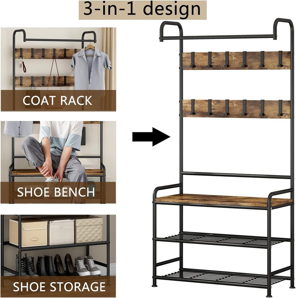LINZINAR Coat Rack Hall Tree with Bench and Shoe Storage 3 in 1 Entryway | St...
