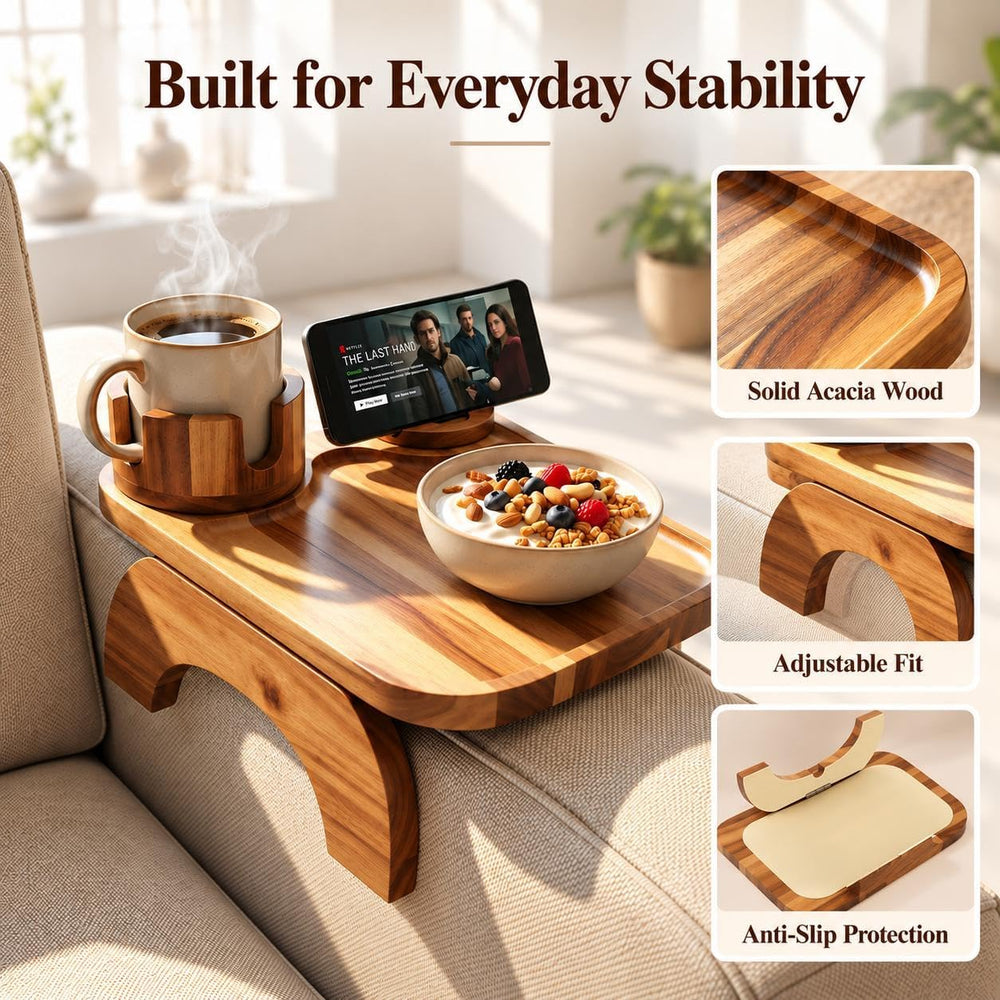 Couch Armrest Table, Acacia Wood Sofa Arm Tray with 360° Rotating Phone &...
